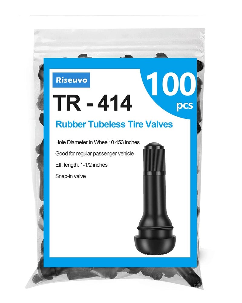 Riseuvo رايزوفو 100 قطعة صمامات إطارات مطاطية TR414 - تناسب ثقوب الحافة 0.453" للسيارات والشاحنات والمقطورات والدراجات الرباعية ومعدات الحدائق - Image 1